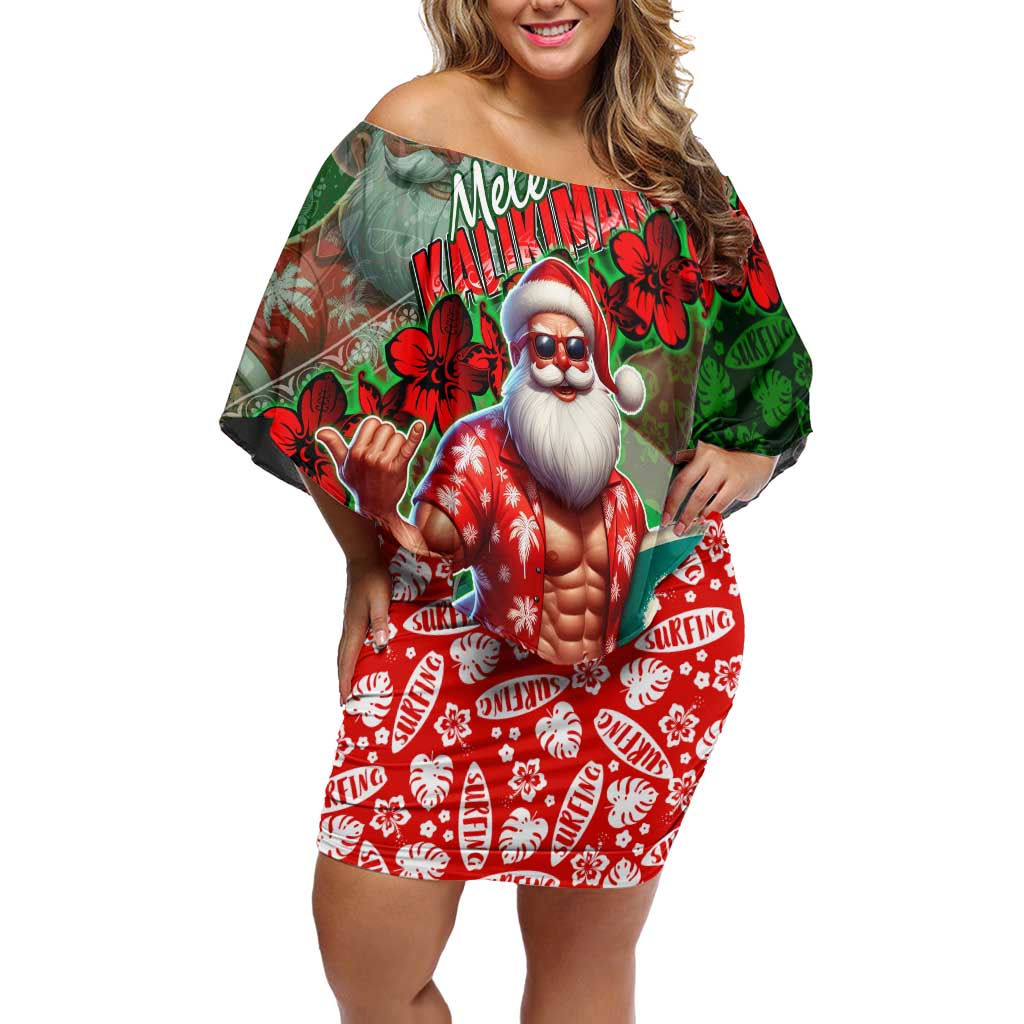Mele Kalikimaka Shaka Santa Off Shoulder Short Dress Hawaiian Surf Christmas Design with Aloha Spirit DT02 Women Green - Polynesian Pride