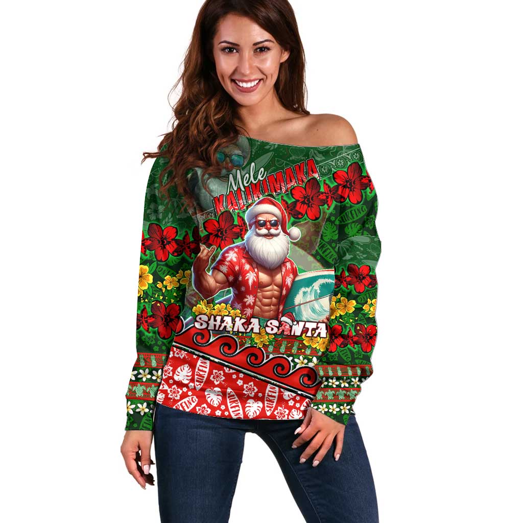 Mele Kalikimaka Shaka Santa Off Shoulder Sweater Hawaiian Surf Christmas Design with Aloha Spirit DT02 Women Green - Polynesian Pride