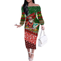 Mele Kalikimaka Shaka Santa Off The Shoulder Long Sleeve Dress Hawaiian Surf Christmas Design with Aloha Spirit DT02 Women Green - Polynesian Pride