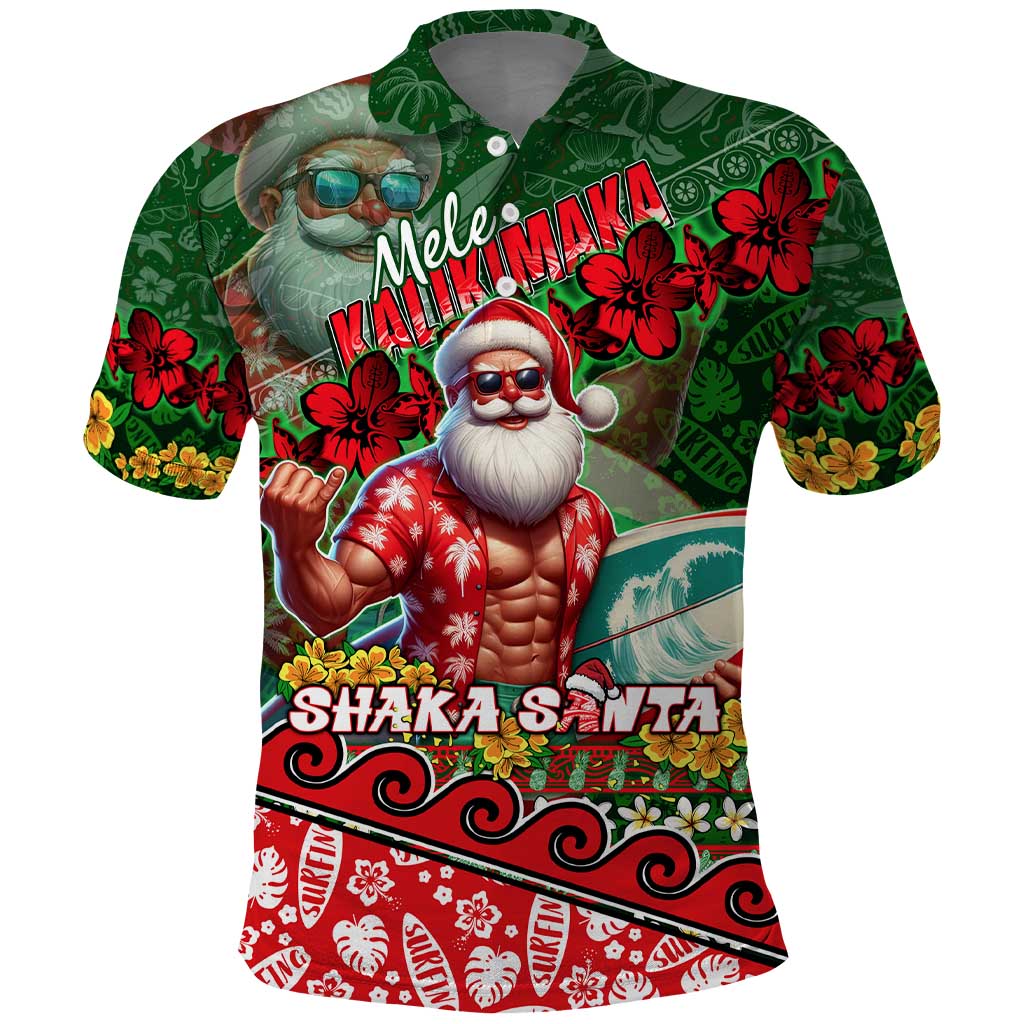 Mele Kalikimaka Shaka Santa Polo Shirt Hawaiian Surf Christmas Design with Aloha Spirit DT02 Green - Polynesian Pride