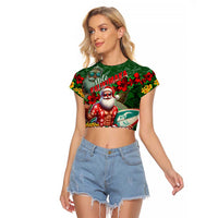 Mele Kalikimaka Shaka Santa Raglan Cropped T Shirt Hawaiian Surf Christmas Design with Aloha Spirit DT02 Female Green - Polynesian Pride