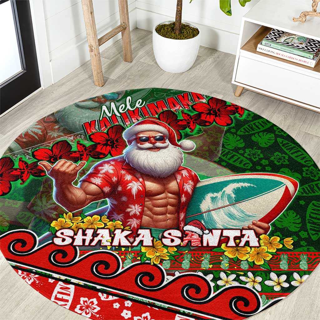 Mele Kalikimaka Shaka Santa Round Carpet Hawaiian Surf Christmas Design with Aloha Spirit DT02 Green - Polynesian Pride