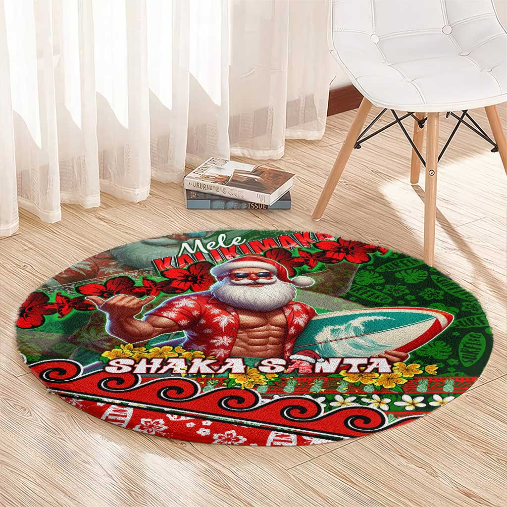 Mele Kalikimaka Shaka Santa Round Carpet Hawaiian Surf Christmas Design with Aloha Spirit DT02 - Polynesian Pride