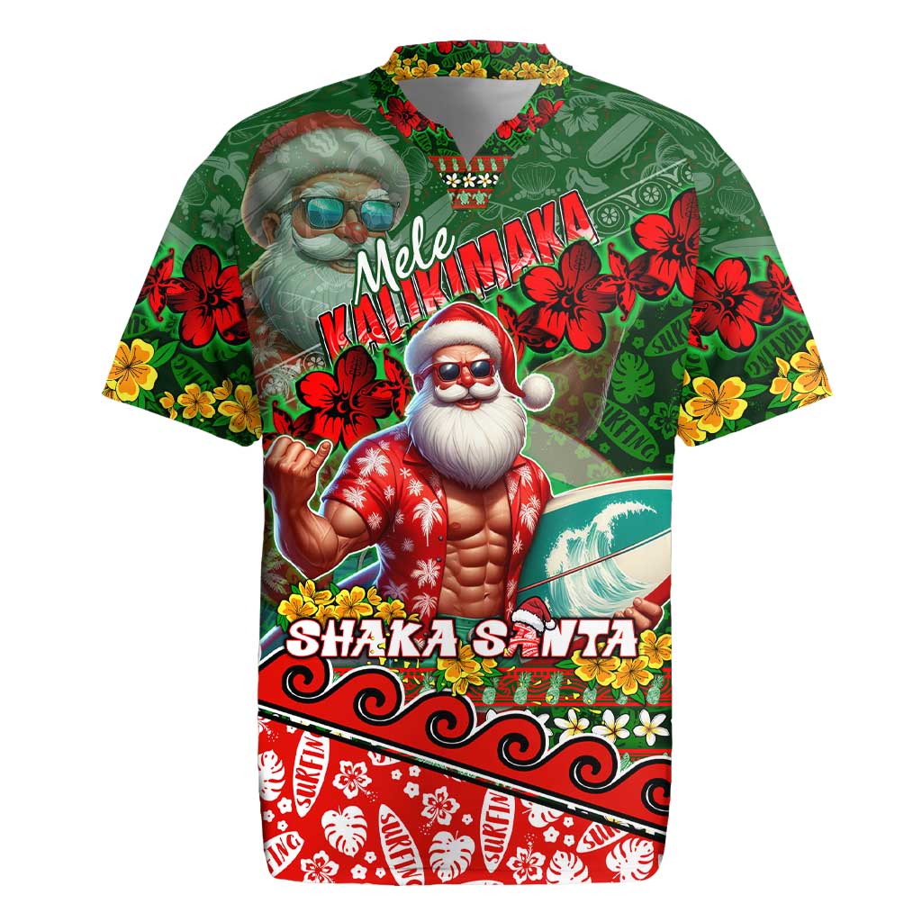 Mele Kalikimaka Shaka Santa Rugby Jersey Hawaiian Surf Christmas Design with Aloha Spirit DT02 Green - Polynesian Pride
