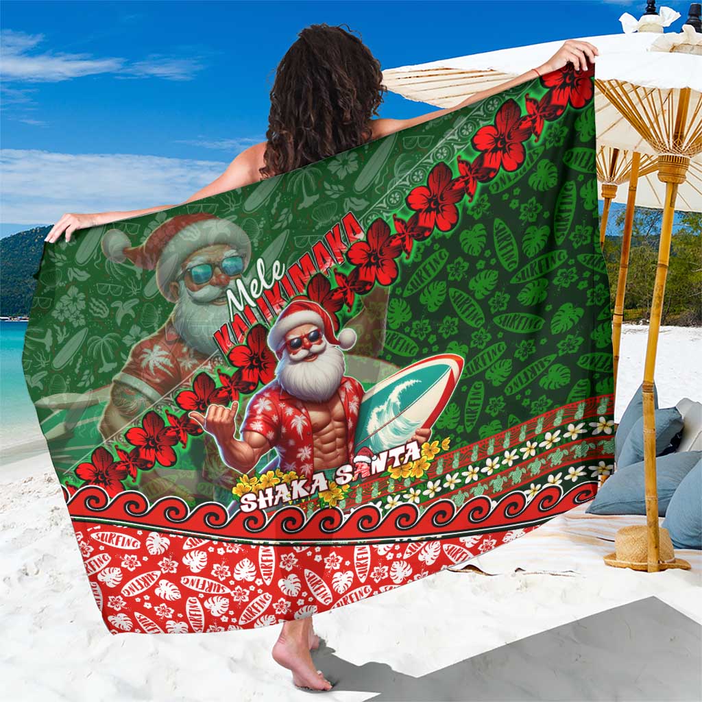 Mele Kalikimaka Shaka Santa Sarong Hawaiian Surf Christmas Design with Aloha Spirit DT02 One Size 44 x 66 inches Green - Polynesian Pride