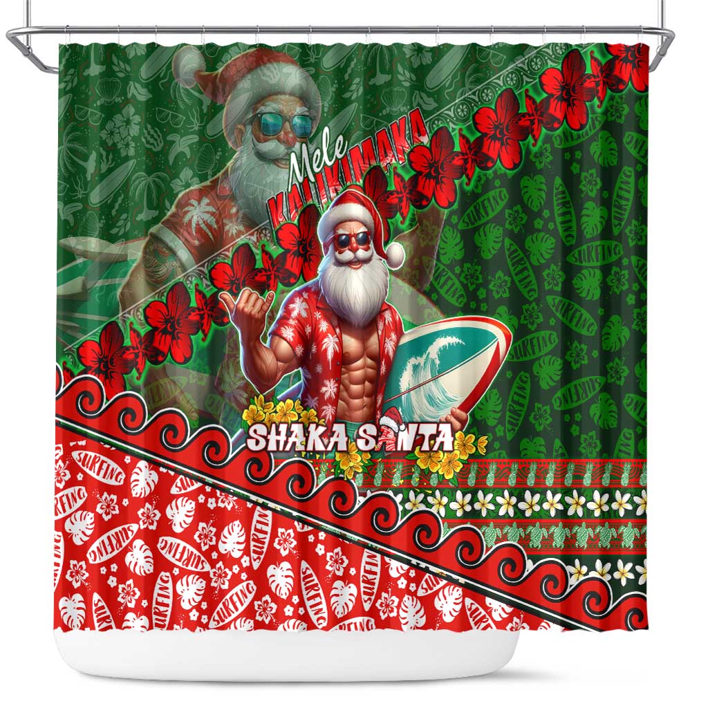 Mele Kalikimaka Shaka Santa Shower Curtain Hawaiian Surf Christmas Design with Aloha Spirit DT02 Green - Polynesian Pride