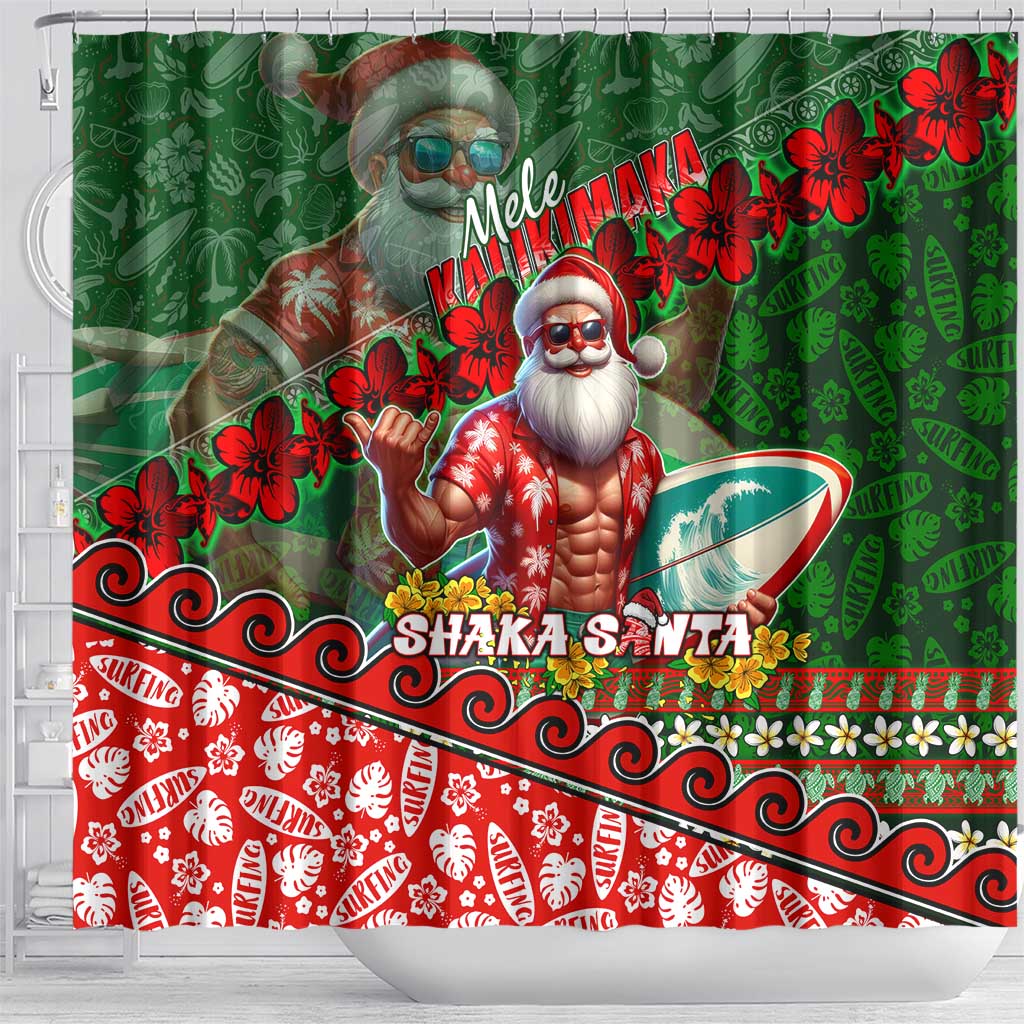 Mele Kalikimaka Shaka Santa Shower Curtain Hawaiian Surf Christmas Design with Aloha Spirit DT02 - Polynesian Pride