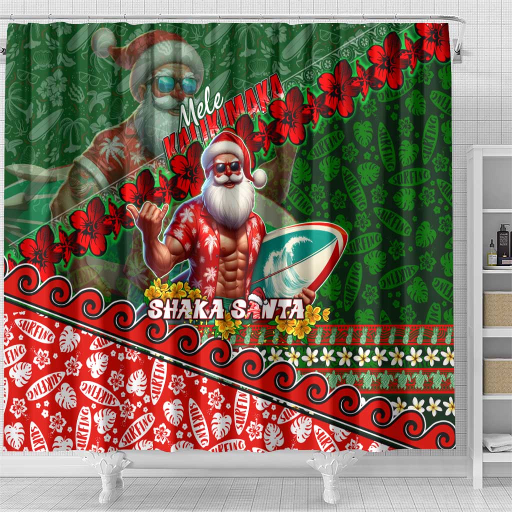 Mele Kalikimaka Shaka Santa Shower Curtain Hawaiian Surf Christmas Design with Aloha Spirit DT02 - Polynesian Pride