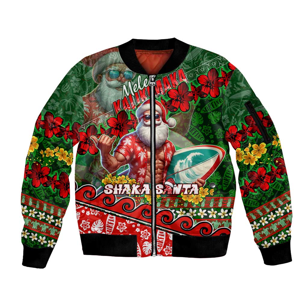 Mele Kalikimaka Shaka Santa Sleeve Zip Bomber Jacket Hawaiian Surf Christmas Design with Aloha Spirit DT02 Unisex Green - Polynesian Pride