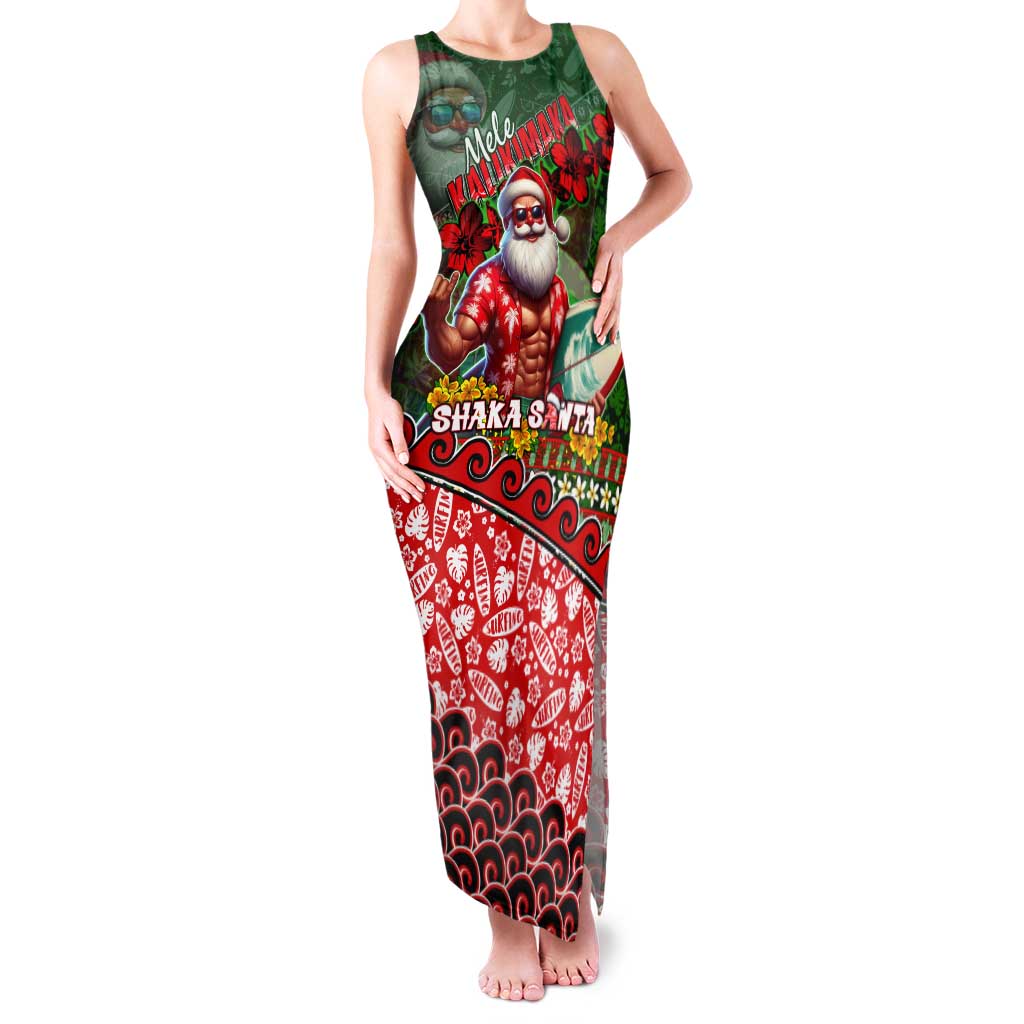 Mele Kalikimaka Shaka Santa Tank Maxi Dress Hawaiian Surf Christmas Design with Aloha Spirit DT02 Women Green - Polynesian Pride
