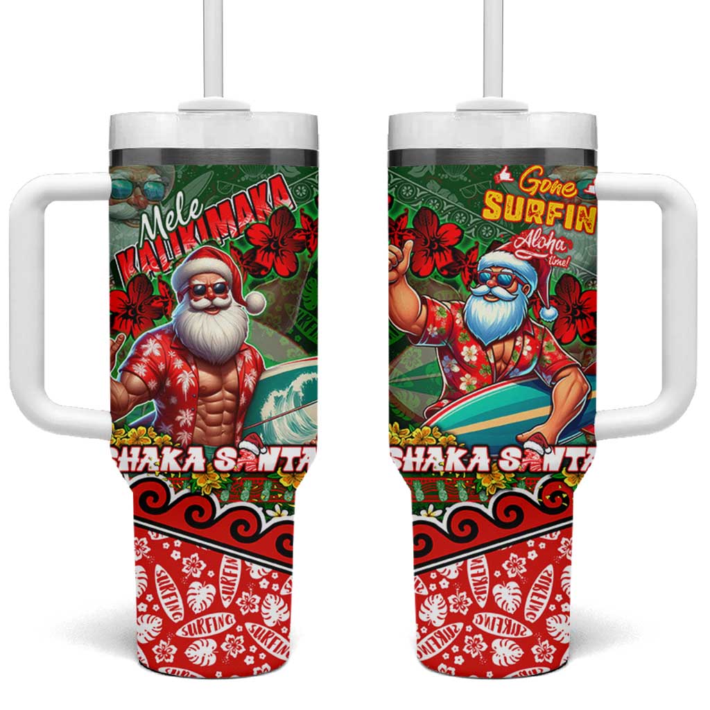 Mele Kalikimaka Shaka Santa Tumbler With Handle Hawaiian Surf Christmas Design with Aloha Spirit DT02 One Size: 40 oz Green - Polynesian Pride