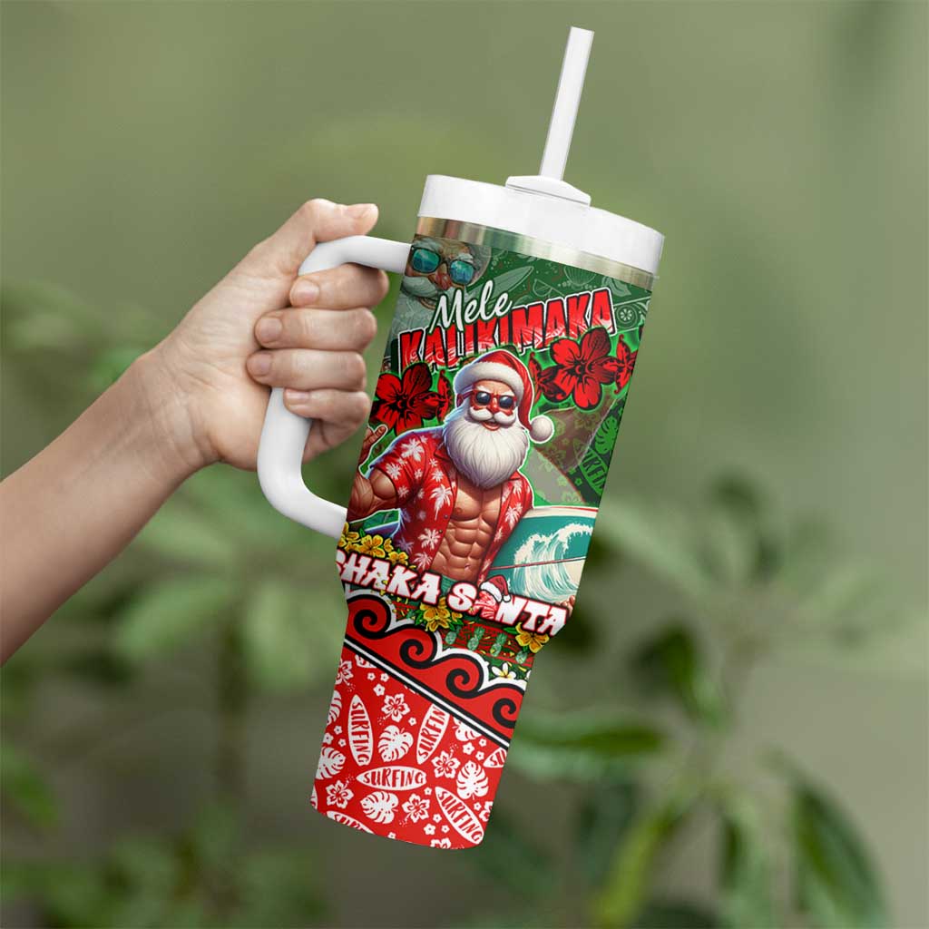 Mele Kalikimaka Shaka Santa Tumbler With Handle Hawaiian Surf Christmas Design with Aloha Spirit DT02 - Polynesian Pride