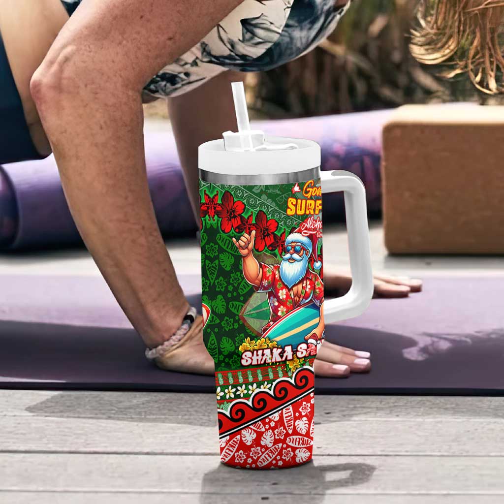 Mele Kalikimaka Shaka Santa Tumbler With Handle Hawaiian Surf Christmas Design with Aloha Spirit DT02 - Polynesian Pride