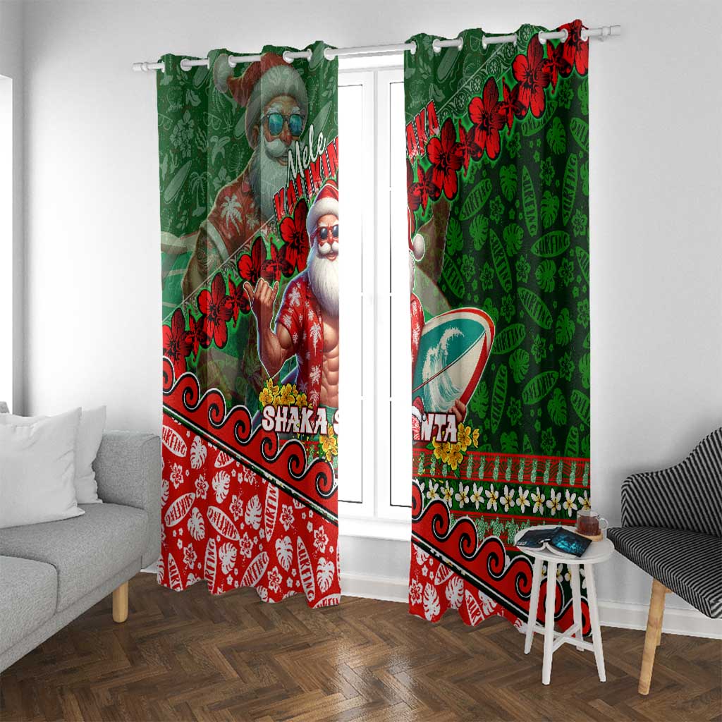 Mele Kalikimaka Shaka Santa Window Curtain Hawaiian Surf Christmas Design with Aloha Spirit DT02 With Grommets Green - Polynesian Pride