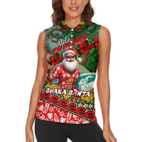 Mele Kalikimaka Shaka Santa Women Sleeveless Polo Shirt Hawaiian Surf Christmas Design with Aloha Spirit DT02 - Polynesian Pride