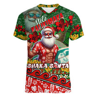 Mele Kalikimaka Shaka Santa Women V-Neck T-Shirt Hawaiian Surf Christmas Design with Aloha Spirit DT02 Female Green - Polynesian Pride