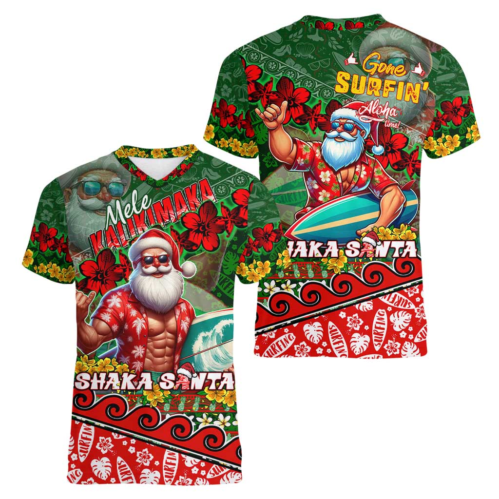 Mele Kalikimaka Shaka Santa Women V-Neck T-Shirt Hawaiian Surf Christmas Design with Aloha Spirit DT02 - Polynesian Pride