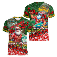 Mele Kalikimaka Shaka Santa Women V-Neck T-Shirt Hawaiian Surf Christmas Design with Aloha Spirit DT02 - Polynesian Pride