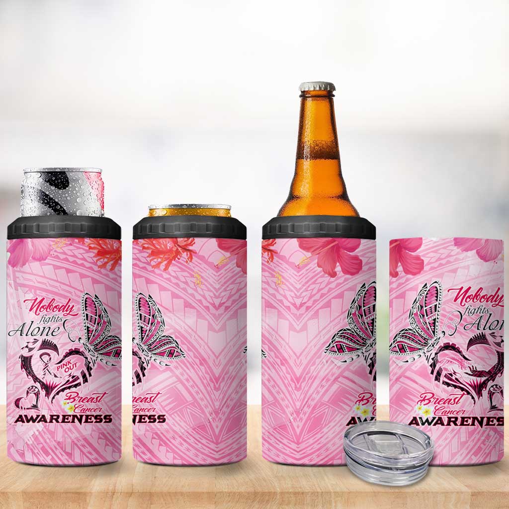 Butterfly Polynesia Breast Cancer 4 in 1 Can Cooler Tumbler Nobody Fights Alone Pink Out Tropical Hibiscus DT02 - Polynesian Pride