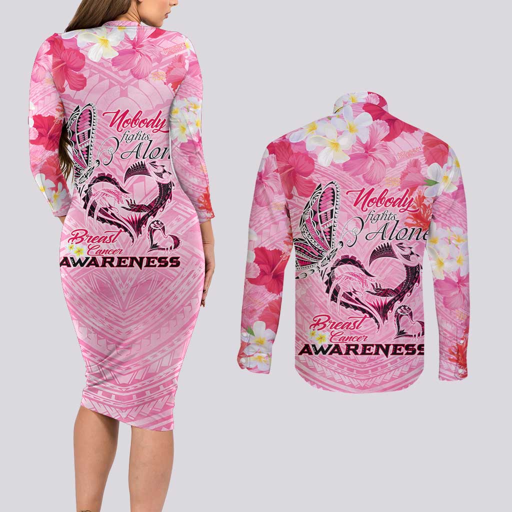 Butterfly Polynesia Breast Cancer Couples Matching Long Sleeve Bodycon Dress and Long Sleeve Button Shirt Nobody Fights Alone Pink Out Tropical Hibiscus DT02 - Polynesian Pride