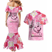 Butterfly Polynesia Breast Cancer Couples Matching Mermaid Dress and Hawaiian Shirt Nobody Fights Alone Pink Out Tropical Hibiscus DT02 - Polynesian Pride