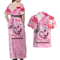 Butterfly Polynesia Breast Cancer Couples Matching Off Shoulder Maxi Dress and Hawaiian Shirt Nobody Fights Alone Pink Out Tropical Hibiscus DT02 - Polynesian Pride
