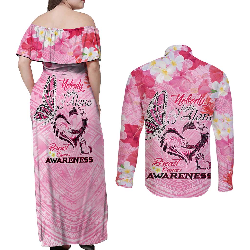 Butterfly Polynesia Breast Cancer Couples Matching Off Shoulder Maxi Dress and Long Sleeve Button Shirt Nobody Fights Alone Pink Out Tropical Hibiscus DT02 - Polynesian Pride