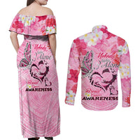 Butterfly Polynesia Breast Cancer Couples Matching Off Shoulder Maxi Dress and Long Sleeve Button Shirt Nobody Fights Alone Pink Out Tropical Hibiscus DT02 - Polynesian Pride