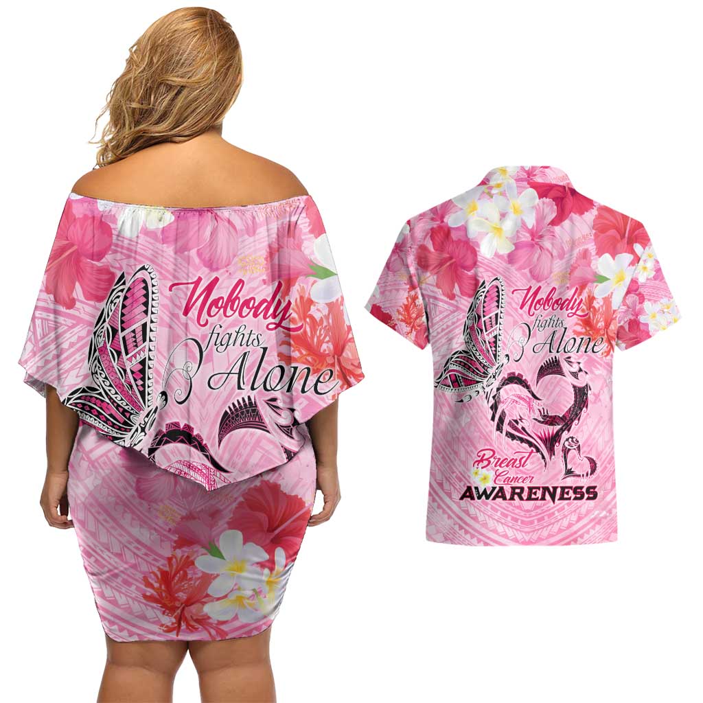 Butterfly Polynesia Breast Cancer Couples Matching Off Shoulder Short Dress and Hawaiian Shirt Nobody Fights Alone Pink Out Tropical Hibiscus DT02 - Polynesian Pride