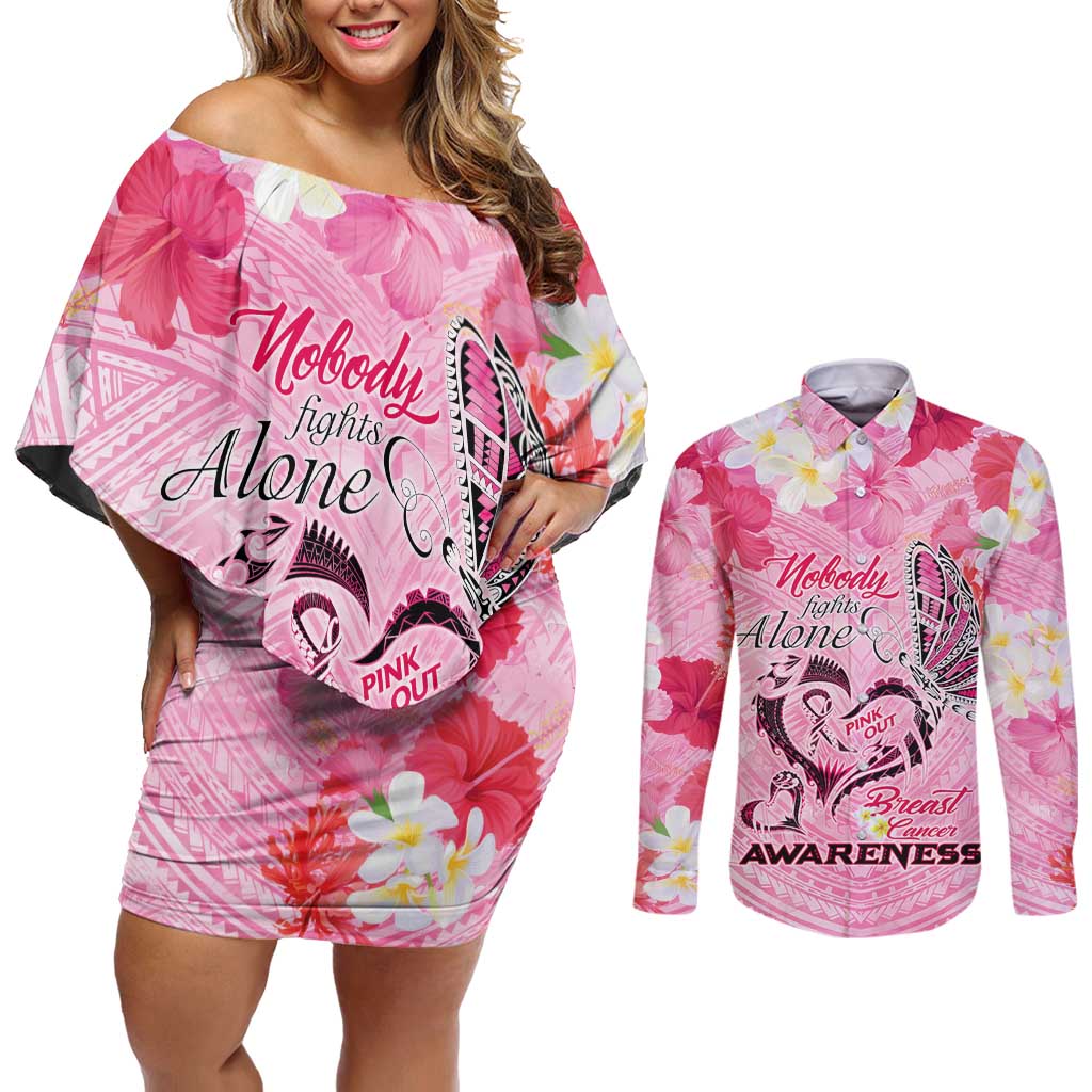 Butterfly Polynesia Breast Cancer Couples Matching Off Shoulder Short Dress and Long Sleeve Button Shirt Nobody Fights Alone Pink Out Tropical Hibiscus DT02 Pink - Polynesian Pride