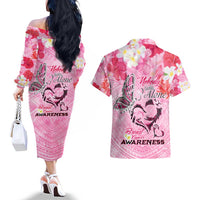 Butterfly Polynesia Breast Cancer Couples Matching Off The Shoulder Long Sleeve Dress and Hawaiian Shirt Nobody Fights Alone Pink Out Tropical Hibiscus DT02 - Polynesian Pride