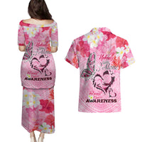 Butterfly Polynesia Breast Cancer Couples Matching Puletasi and Hawaiian Shirt Nobody Fights Alone Pink Out Tropical Hibiscus DT02 - Polynesian Pride