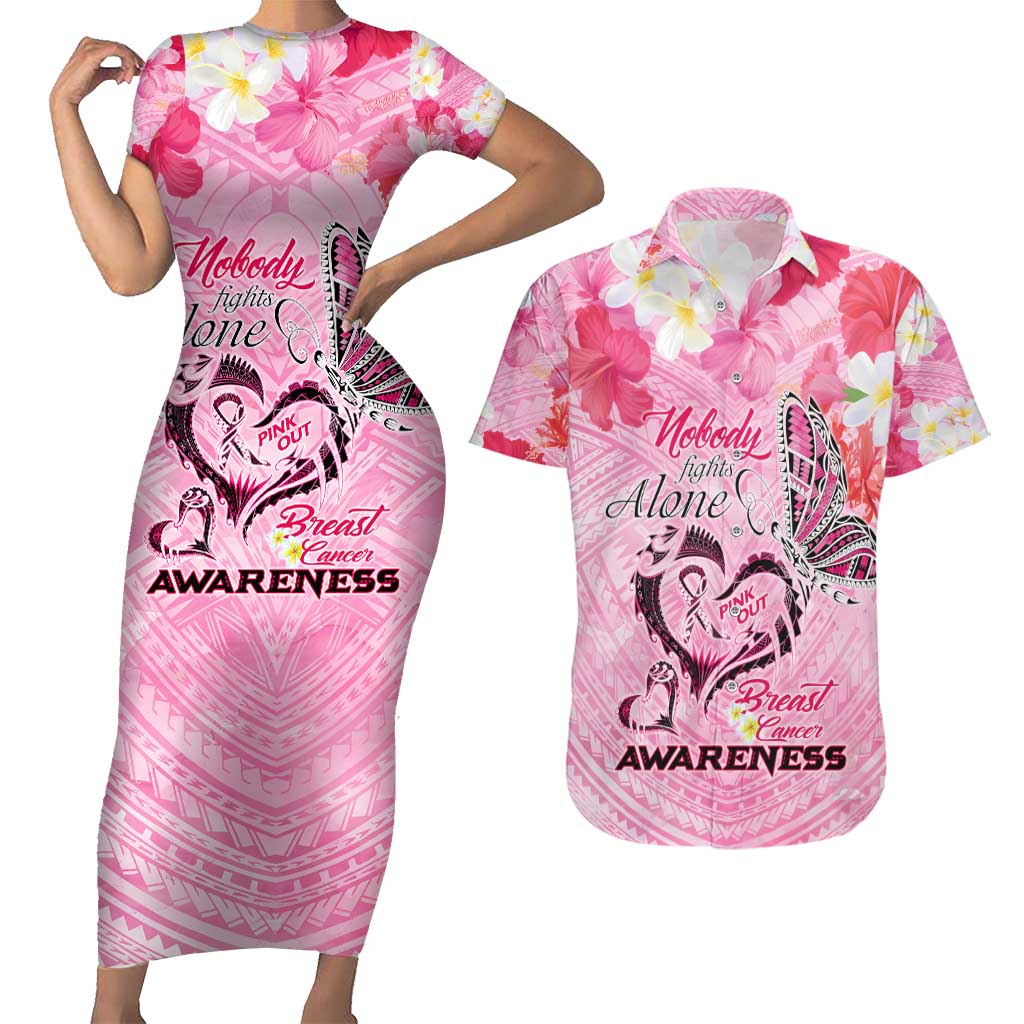 Butterfly Polynesia Breast Cancer Couples Matching Short Sleeve Bodycon Dress and Hawaiian Shirt Nobody Fights Alone Pink Out Tropical Hibiscus DT02 Pink - Polynesian Pride