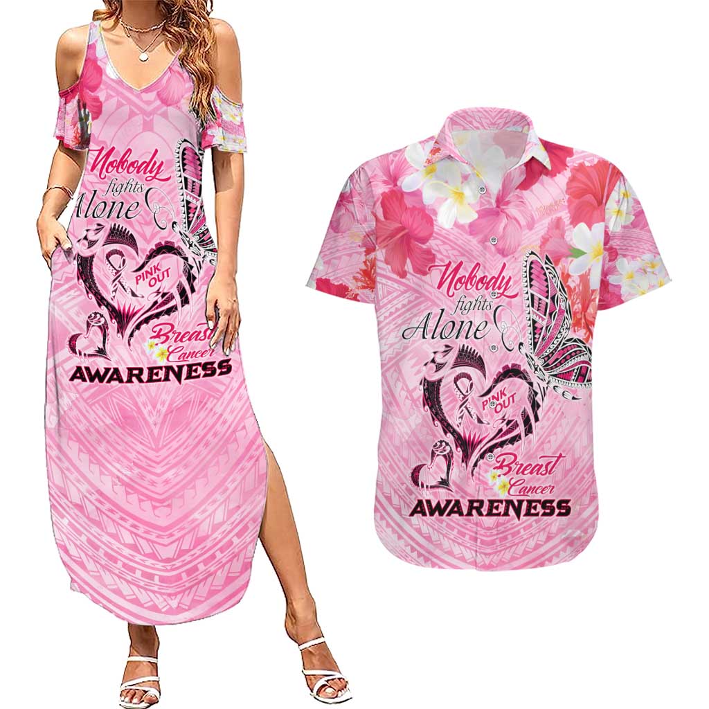 Butterfly Polynesia Breast Cancer Couples Matching Summer Maxi Dress and Hawaiian Shirt Nobody Fights Alone Pink Out Tropical Hibiscus DT02 Pink - Polynesian Pride