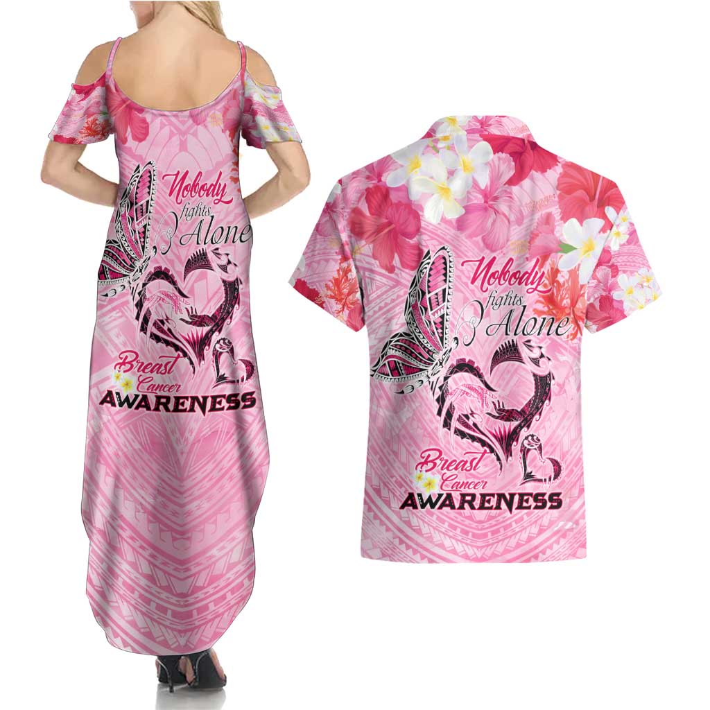 Butterfly Polynesia Breast Cancer Couples Matching Summer Maxi Dress and Hawaiian Shirt Nobody Fights Alone Pink Out Tropical Hibiscus DT02 - Polynesian Pride
