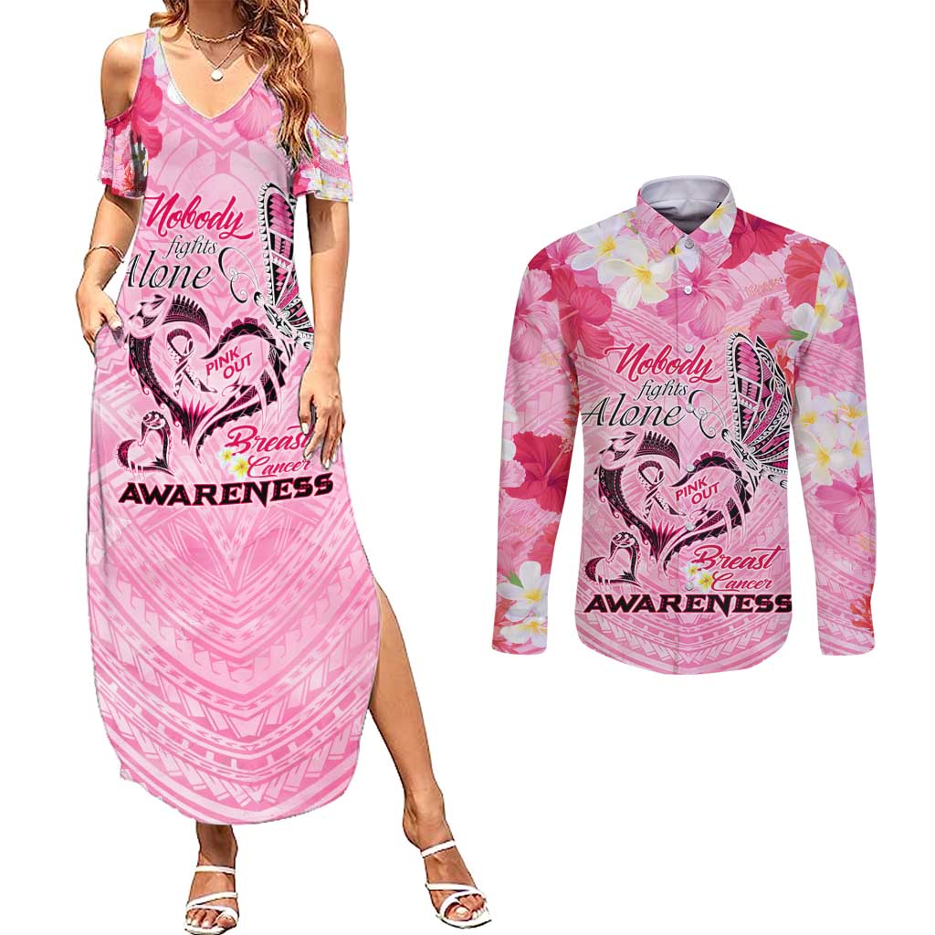 Butterfly Polynesia Breast Cancer Couples Matching Summer Maxi Dress and Long Sleeve Button Shirt Nobody Fights Alone Pink Out Tropical Hibiscus DT02 Pink - Polynesian Pride