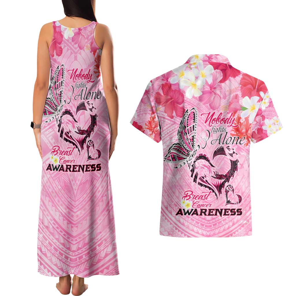 Butterfly Polynesia Breast Cancer Couples Matching Tank Maxi Dress and Hawaiian Shirt Nobody Fights Alone Pink Out Tropical Hibiscus DT02 - Polynesian Pride