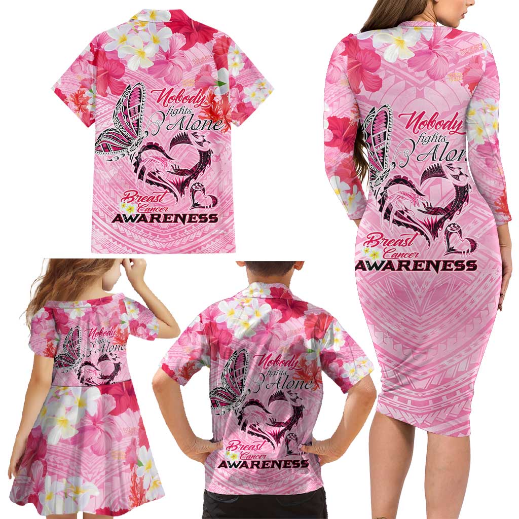 Butterfly Polynesia Breast Cancer Family Matching Long Sleeve Bodycon Dress and Hawaiian Shirt Nobody Fights Alone Pink Out Tropical Hibiscus DT02 - Polynesian Pride