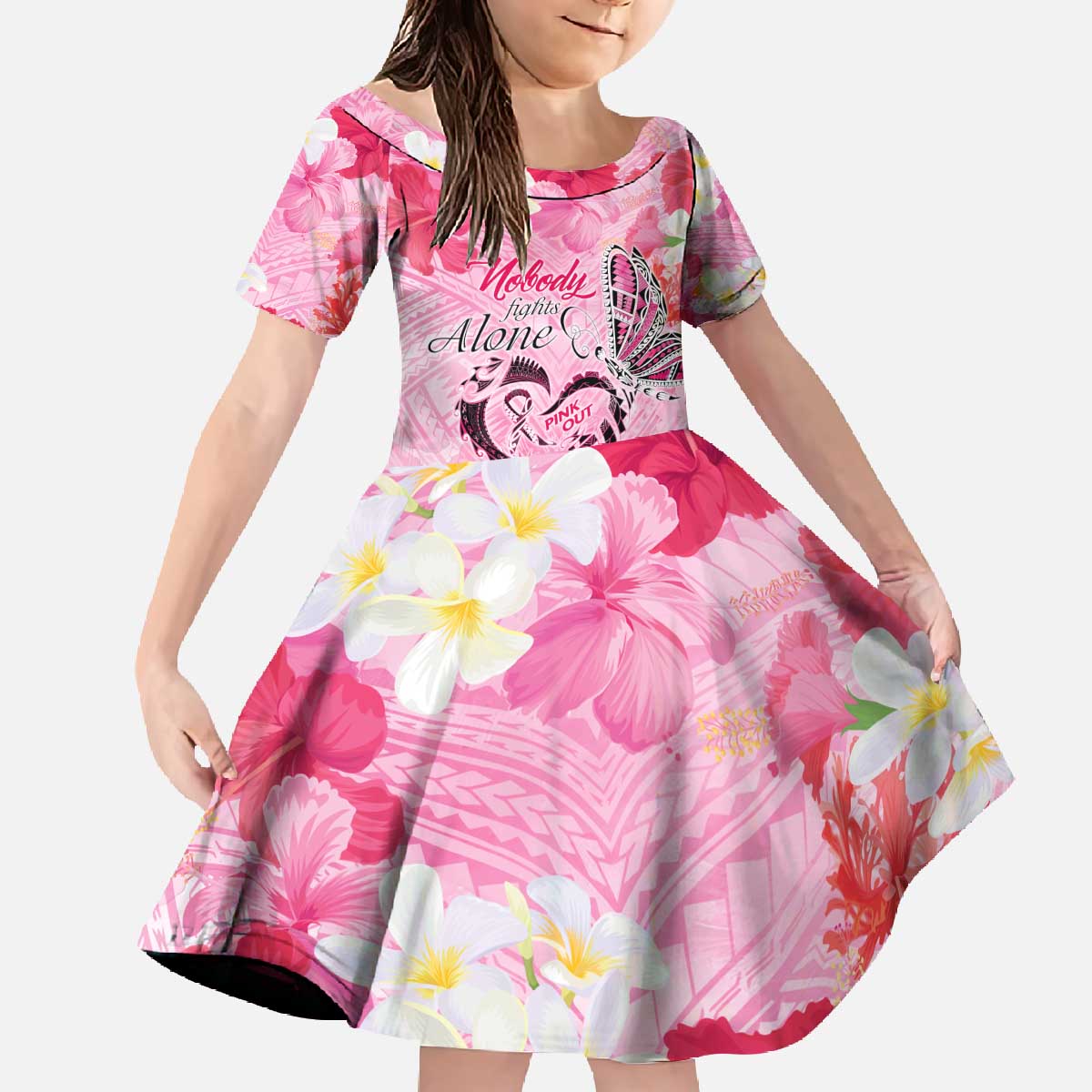 Butterfly Polynesia Breast Cancer Family Matching Off The Shoulder Long Sleeve Dress and Hawaiian Shirt Nobody Fights Alone Pink Out Tropical Hibiscus DT02 Daughter's Dress Pink - Polynesian Pride