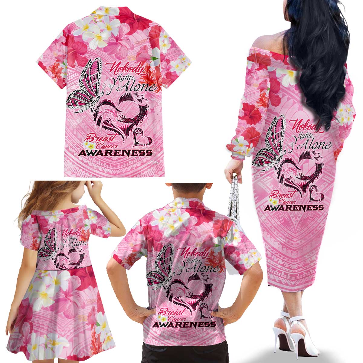 Butterfly Polynesia Breast Cancer Family Matching Off The Shoulder Long Sleeve Dress and Hawaiian Shirt Nobody Fights Alone Pink Out Tropical Hibiscus DT02 - Polynesian Pride