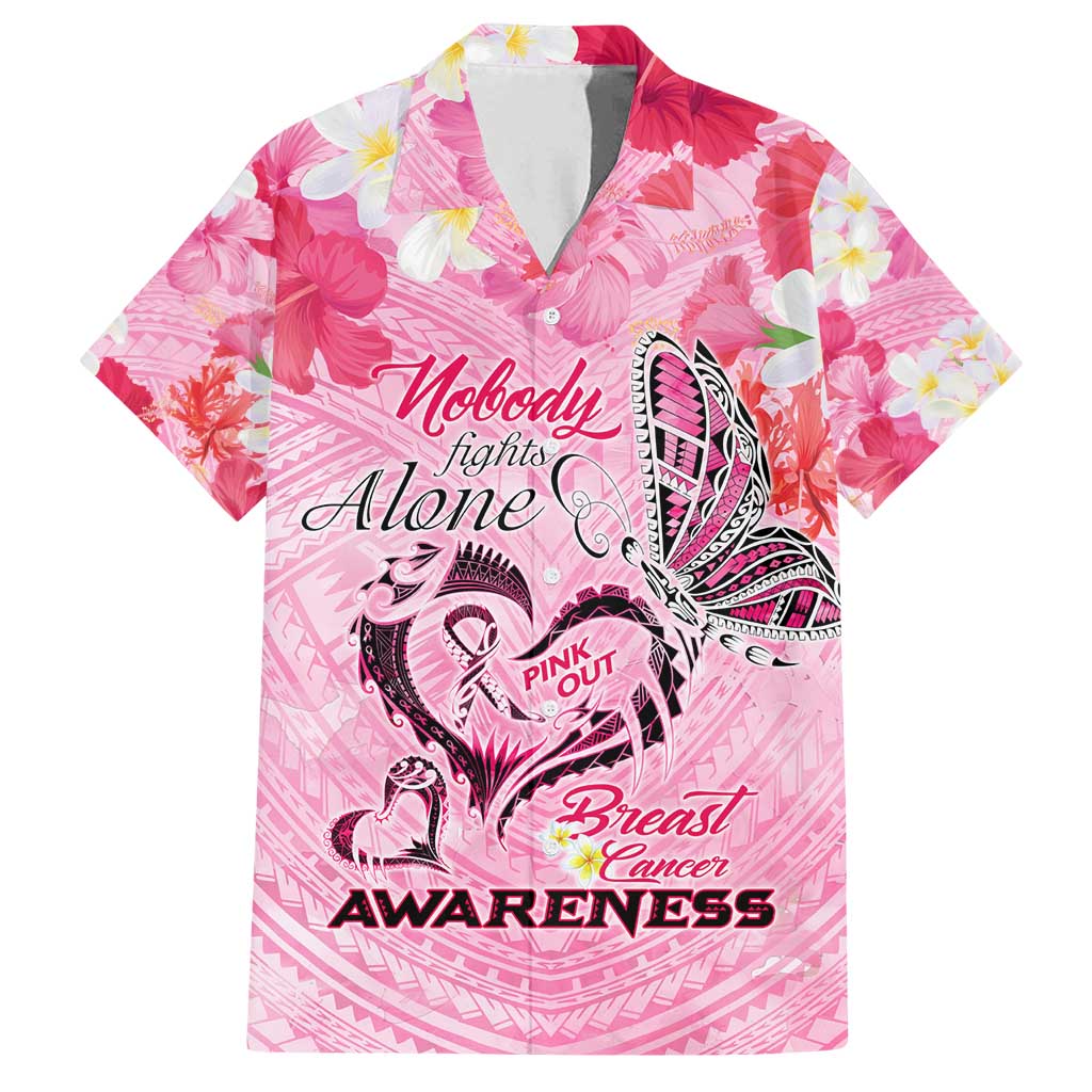 Butterfly Polynesia Breast Cancer Family Matching Off Shoulder Maxi Dress and Hawaiian Shirt Nobody Fights Alone Pink Out Tropical Hibiscus DT02 Dad's Shirt - Short Sleeve Pink - Polynesian Pride