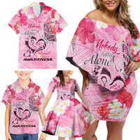 Butterfly Polynesia Breast Cancer Family Matching Off Shoulder Short Dress and Hawaiian Shirt Nobody Fights Alone Pink Out Tropical Hibiscus DT02 - Polynesian Pride