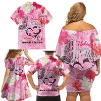 Butterfly Polynesia Breast Cancer Family Matching Off Shoulder Short Dress and Hawaiian Shirt Nobody Fights Alone Pink Out Tropical Hibiscus DT02 - Polynesian Pride