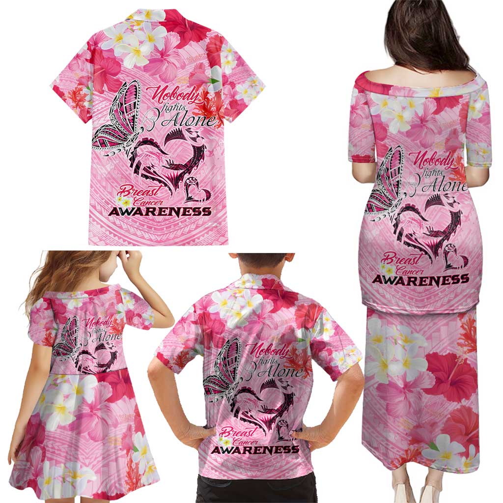 Butterfly Polynesia Breast Cancer Family Matching Puletasi and Hawaiian Shirt Nobody Fights Alone Pink Out Tropical Hibiscus DT02 - Polynesian Pride