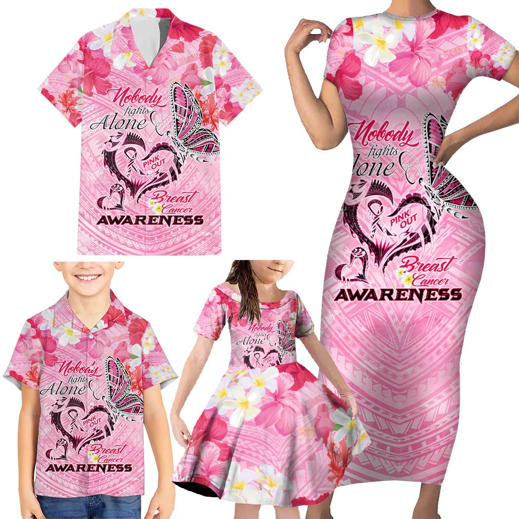 Butterfly Polynesia Breast Cancer Family Matching Short Sleeve Bodycon Dress and Hawaiian Shirt Nobody Fights Alone Pink Out Tropical Hibiscus DT02 - Polynesian Pride