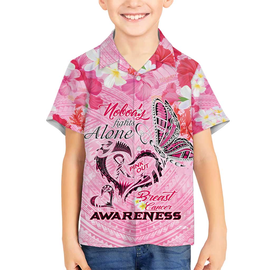 Butterfly Polynesia Breast Cancer Family Matching Summer Maxi Dress and Hawaiian Shirt Nobody Fights Alone Pink Out Tropical Hibiscus DT02 Son's Shirt Pink - Polynesian Pride