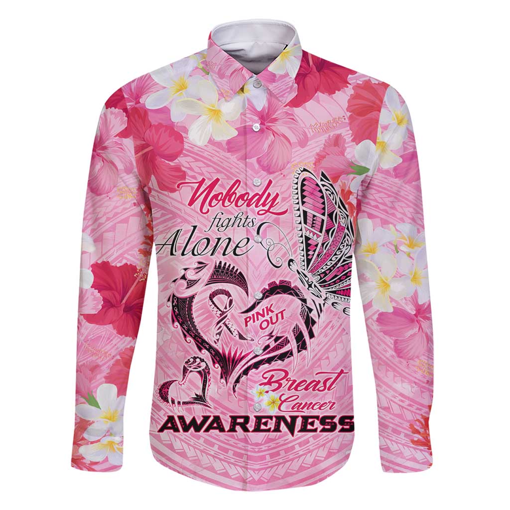 Butterfly Polynesia Breast Cancer Family Matching Tank Maxi Dress and Hawaiian Shirt Nobody Fights Alone Pink Out Tropical Hibiscus DT02 Dad's Shirt - Long Sleeve Pink - Polynesian Pride