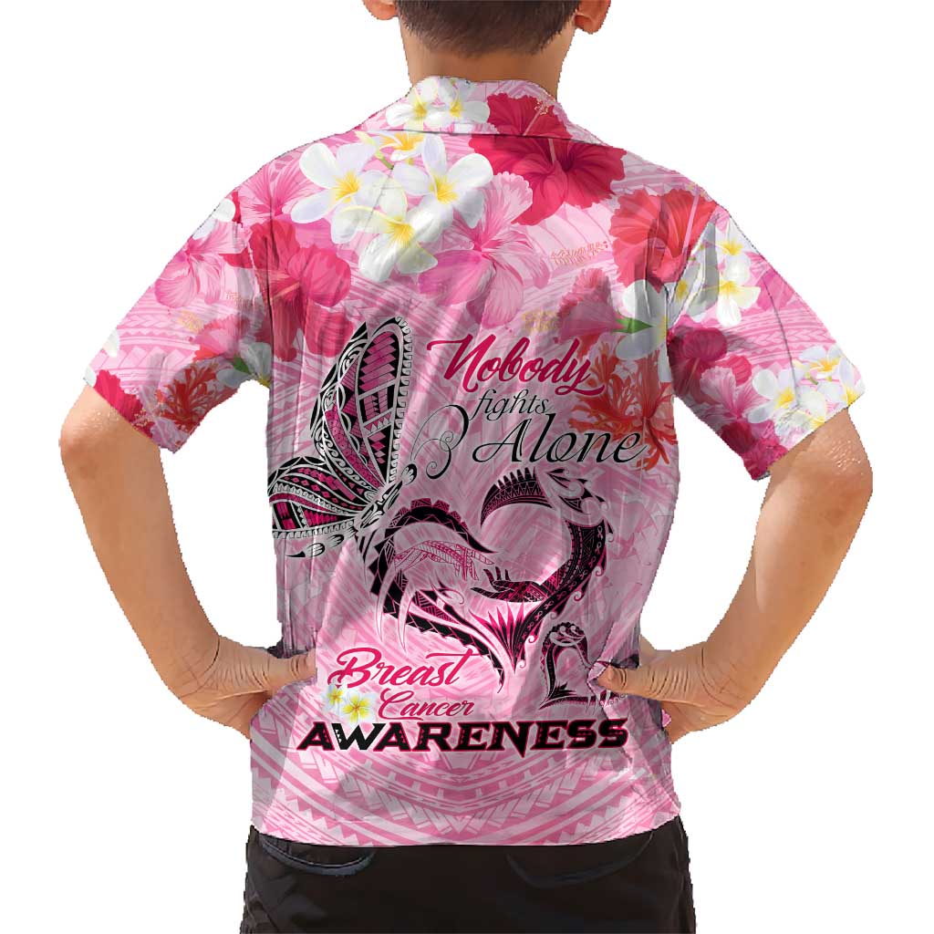 Butterfly Polynesia Breast Cancer Kid Hawaiian Shirt Nobody Fights Alone Pink Out Tropical Hibiscus