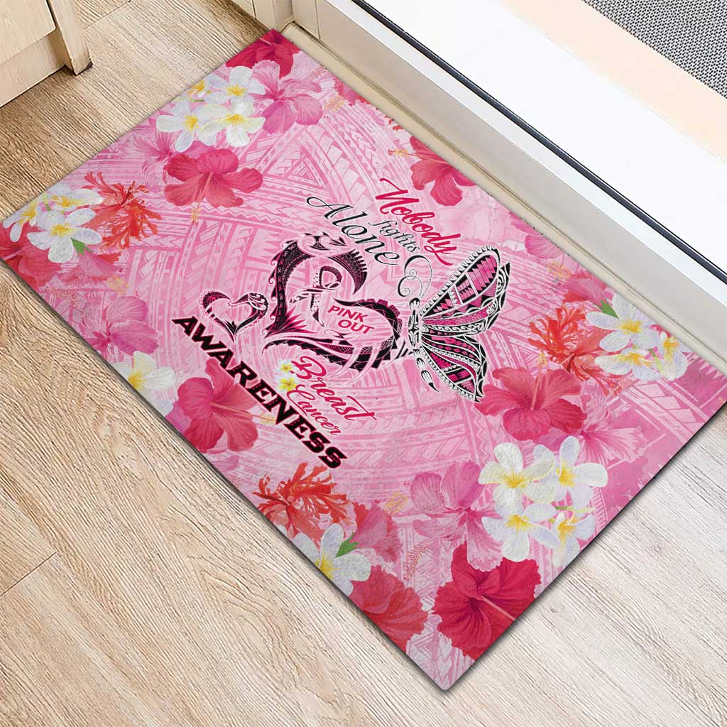 Butterfly Polynesia Breast Cancer Rubber Doormat Nobody Fights Alone Pink Out Tropical Hibiscus