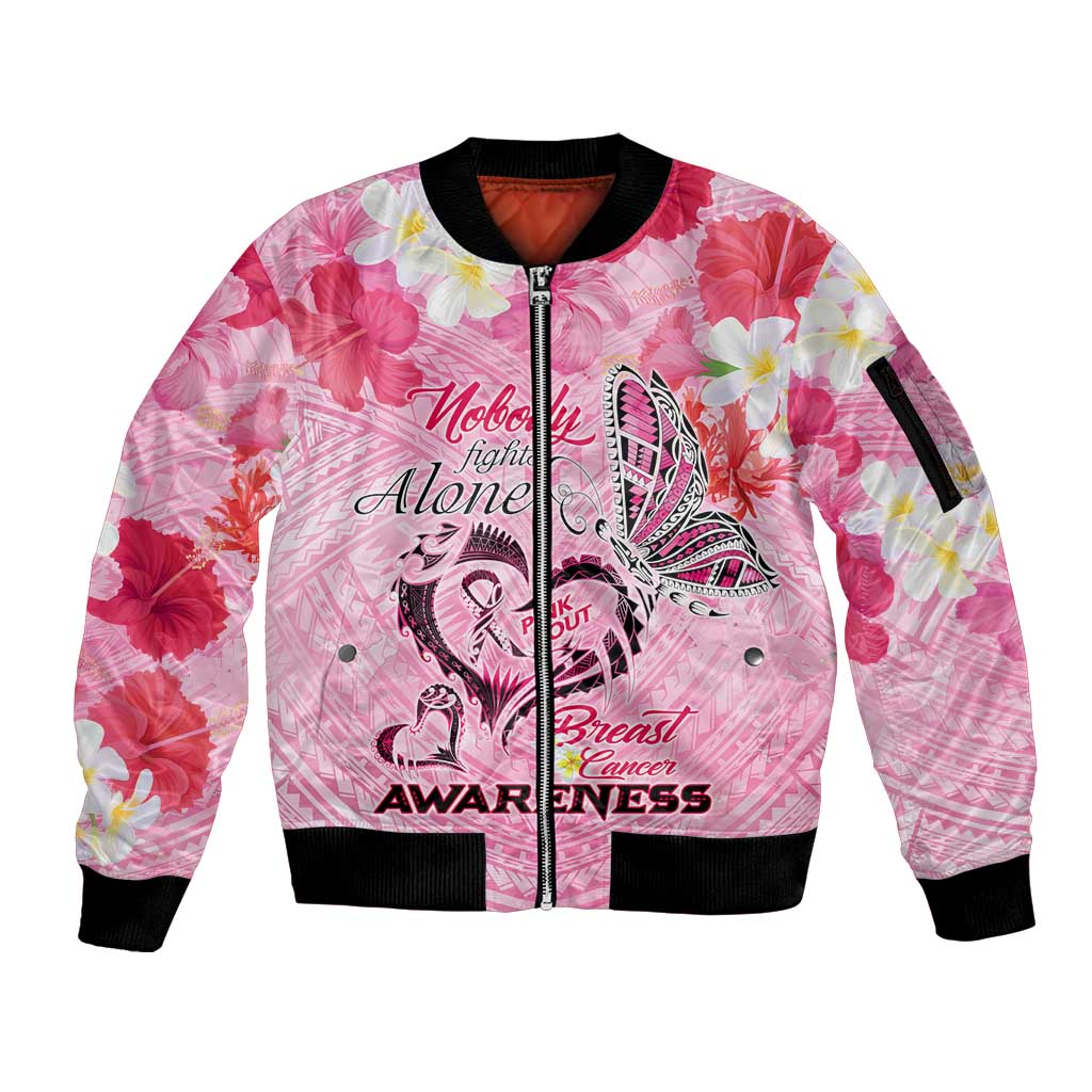 Butterfly Polynesia Breast Cancer Sleeve Zip Bomber Jacket Nobody Fights Alone Pink Out Tropical Hibiscus DT02 Unisex Pink - Polynesian Pride